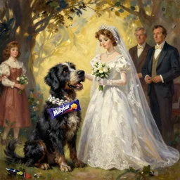 stylish painting of the Milkybar kid marrying undead dog bride. In the style of JC Leyendecker and Norman Rockwell and Rolf Armstrong