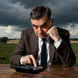 dramatic photo of rowan atkinson as mr bean struggling to use calculator