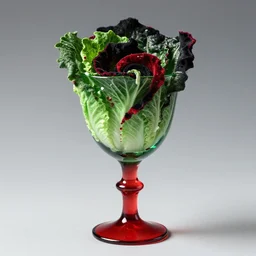 a photo of a green and red goblet with a black and red vortex made of velvet shards in the shape of butter lettuce