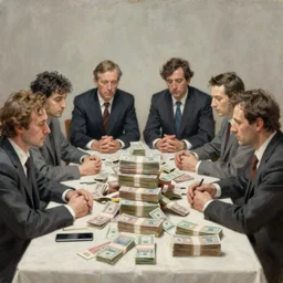 four men at a large table and many stacks of money, pile of money, highly detailed oil painting by francis bacon, edward hopper, adrian ghenie, glenn brown, soft light, 4 k,