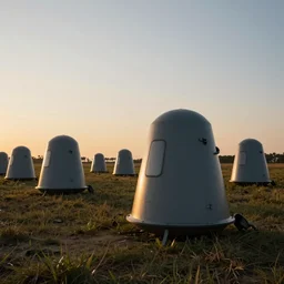 photo of a field of one - man innovative survival pods, sunset scene, orange and black colour palette, generative design, geodesic structure