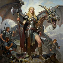 An oil painting of a beautiful blonde viking woman posing with a bloodied war-axe, very aesthetic, detailed face, by Frank Frazetta, Greg Rutkowski, Boris Vallejo, Neal Hanson, Christian MacNevin, epic fantasy character art, goddess of war, viking armor, high fantasy, full length, exquisite detail, post-processing, low angle, masterpiece, cinematic, colossal dragon in background