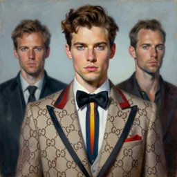 portrait of a handsome man dressed in designed custom clothes by gucci head shoot, art by alex heywood and gaston bussiere, albert lynch, fantasy art, reimagined by industrial light and magic, oil on canvas, hd