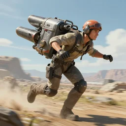 young engineer zooming across terrain on a jetpack, long shot, motion blur, sharp focus, illustration, highly detailed, scif - fi, artstation, octane render, unreal engine,