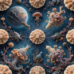 beautiful and artistic mycelium on a fantastic planet and unusual critters of the ocean, highly detailed, seamless tiling pattern with optical illusion