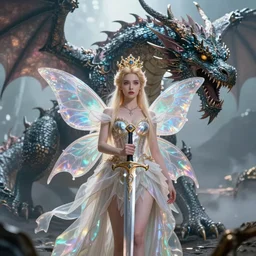 a fairy princess with a sword. Behind her stands a ferocious dragon, ultradetailed, wallpaper, 4k, prismatic, cinematic, epic