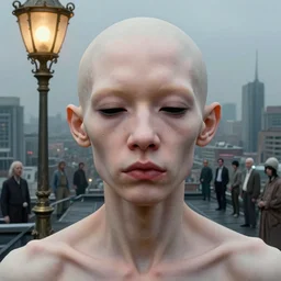 closeup portrait of eyeless albino mandarin with thin, stained lips and smoking eye sockets standing under rococo lamp on rooftop overlooking the city, science fiction concept art by j. c. leyendecker, greg rutkowski, beksinski, stephen gammell, deak ferrand, anato finnstark, yoshitaka amano, and rembrandt