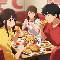 a beautiful picture of people have breakfast in kfc, anime, detailed, 8 k