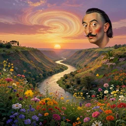 surreal landscape, surrealism, lush flower river valley at sunrise, michael hutter. swirly sky, esao andrews, victor enrich, dali