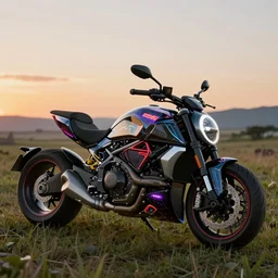 full shot of sci - fi vehicle made from dark glass and plastic surfaces with neon kanji decals in the style of bladerunner 2 0 4 9, ducati diavel, side lights, studio lighting, octane render, background a grass at sunset in a valley