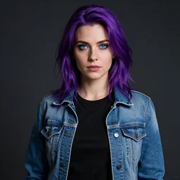 an insanely detailed realistic depiction of beautiful abigail from stardew valley wearing black shirt under blue denim jacket, purple hair, pretty blue eyes, in the style of peter mohrbacher, artgerm, dramatic lighting and composition, octane render, trending on artstation, concept art 8 k