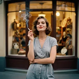 standing portrait of ecstatic ella balinska looking into the camera standing smoking a cigarette, summer, warm street lights store front, 1 9 6 0 s technicolor, intricate, moody, personal, highly detailed, short focus depth, donato giancola, joseph christian leyendecker, frank frazetta, alex horley, ralph horsley, michael whelan, 2 0 0 mm focal length