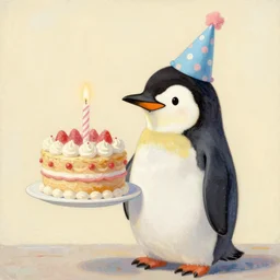 a penguin with a birthday cake and a party hat, a pastel by may de montravel edwardes, pixabay contest winner, dau - al - set, contest winner, creative commons attribution, stockphoto