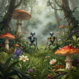 a lot of jungle flowers and plants + poison toxic mushrooms surrounded by cables + long grass + broken droid + mystic fog, line drawing, no - shadow, black and white, by makoto shinkai takashi takeuchi studio ghibli, akihiko yoshida, 7 0's vintage sci - fi concept, rule of third!!!!, top view