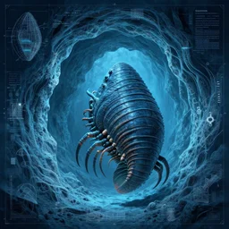 portrait of the trilobite of the chasm gate, in the style of Greg Broadmore and Arthur Rackham,trending on artstation, light lighting side view,digital art,surrealism ,macro,blueprint ,vaporwave ,