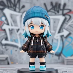 nendoroid of a sewer punk lady student, beanie, tartan hoodie, blue eyes, frosty white hair by atey ghailan, by greg rutkowski, by greg tocchini, by james gilleard, by joe fenton, by kaethe butcher, gradient, light blue, black, brown and cyan color scheme, grunge aesthetic!!! white graffiti tag wall background