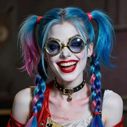 evil audrey hepburn as harley quinn, no makeup, tane skin, blue hairs, double long braids blue, insane crazy laugh, steampunk googles, portrait shinkai makoto artgerm rossdraws james jean marc simonetti highly detailed intricate matte sharp focus digital painting artstation pixiv