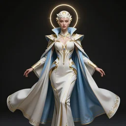 photoshot detailed beautiful noun in opened white gold blue coat, seductive confident pose, attractive feminine curves, intricate details, futuristic, alien, elegant cape, elegant, photorealism, trending on artstation, sharp, holy halo, advanced technology, hasselblad shot, art by moebius and vitaly bulgarov and chanthara