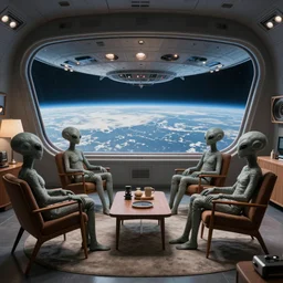 The inside of a UFO flying saucer, view out of the cockpit with earth looming in the window, the inside of the UFO is furnished with danish modern furniture. Alien gray Roswell extraterrestrials are seated on Danish Modern chairs