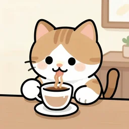 A cat sipping coffee, cartoon