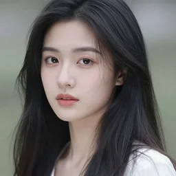 a beautiful chinese girl, long black hair flowing, clear soulful eyes