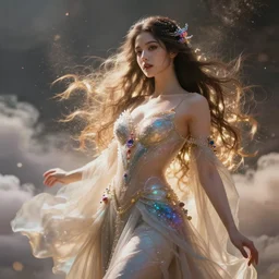 a beautiful female goddess of the particles character, character is in all its glory, character is in her natural relaxed pose, rim lights, particles and dust in the air, fancy clouds, highly detailed professional photo, dynamic lights, particles are flying, depth of field, trending on artstation, professional illustration, hyper realistic, vray caustics, super detailed, colorful accents, cinematic shot