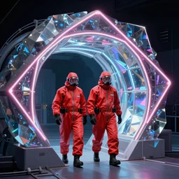 two scientists wearing red hazmat suits, entering the geometric neon crystal hyperspace gateway by frank frazetta