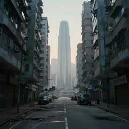 nuclear winter, abandoned street of hong kong, near future, fantasy, sci - fi, hyper realistic, serene, morning.