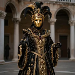 full standing figure baroque cultist wearing large occult headpiece, skirt, venice carnival, full face gold Volto mask, mid shot, hyperrealistic, cinematic