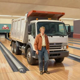 classic oil painting, a dump truck inside a bowling alley, as a dnd character, suburban bowling alley, cottagecore, highly detailed, digital illustration, concept art, smooth, sharp focus, art by greg hildebrandt, and tim hildebrandt