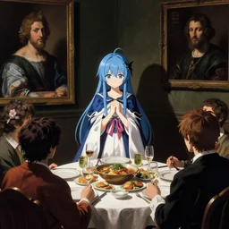 cirno from touhou preparing the home for guests for dinner, blue hair, painting by titian, by caravaggio, by jan van eyck, dark shadows, detailed, high quality