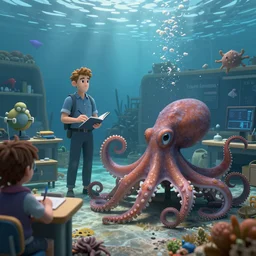 underwater classroom with octopus teacher, unreal engine render concept art