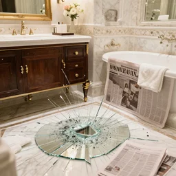 a newspaper clipping with a photo showing a luxurious bathroom with a smashed mirror shattered on the floor