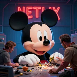 the head of mickey mouse inside the hangar repairing by people, netflix neon logo on the background, the concept art of eddie mendoza, greg rutkowski and artgerm