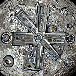 a spaceship the size of a moon in a cross shaped form and made from a shiny metal, against the darkness of space