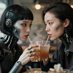 cinestill 5 0 d candid photographic portrait by helen levitt of two android women sharing a drink at a cafe in cyberpunk china, extreme closeup, modern cyberpunk, dust storm, 8 k, hd, high resolution, 3 5 mm, f / 3 2, ultra realistic faces, intricate detail, ex machina