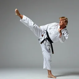 still of donald trump as the karate kid, crane kick