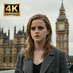 Photograph of Emma Watson standing in front of Big Ben. Extremely detailed. Cinematic. 4K. Award winning photography.