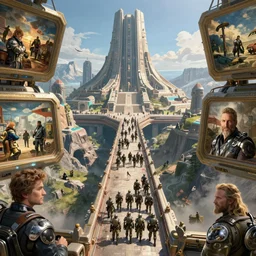 fantasy scifi scene martin deschambault and canaletto and andreas rocha of open airport terminal inside a deep valley, many soliders marching in formation on a bridge in the valley leading to a gigantic ancient advanced temple, mass effect, epic cinematic composition, sunny morning light, fine details, hyperrealism, aerial view