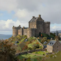 Scottish scenery, with a gigantic towering medieval castle complex on a hilltop, overlooking the ocean, modern digital painting