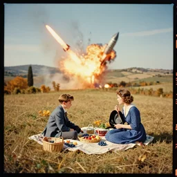 kodak portra 4 0 0, wetplate, muted colours, blueberry, 1 9 3 0 s style, award winning portrait of a sunny tuscan countryside in autumn, explosions, rockets, bombs, motion blur, picknick, by georges melies and by britt marling