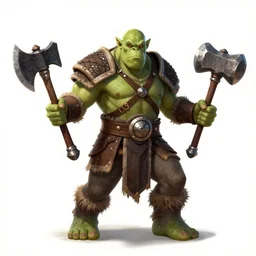 an orc warrior dual wielding an axe and a mace, fantasy art