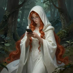 wide angle, cloaked woman, white green brown blue color palette, focused, glasses, forest, female, d & d, fantasy, intricate, elegant, highly detailed, long red hair, digital painting, artstation, octane render, concept art, matte, sharp focus, illustration, hearthstone, art by artgerm, alphonse mucha johannes voss
