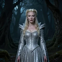 portrait of ((mischievous)), baleful Cate Blanchett as Galadriel as a queen of fairies, dressed in a beautiful (silver) dress. The background is a dark, creepy eastern europen forrest.  night, horroristic shadows, high contrasts, lumnious, theatrical, character concept art by ruan jia, thomas kinkade, and J.Dickenson, trending on Artstation