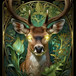 deer in avila mountain, sci fi, glowing eyes, volumetric lights, plant theme, art nouveau botanicals, intricate, highly detailed, digital painting, artstation, concept art, smooth, sharp focus, cinematic, illustration, beautiful face, art by h. r. giger, greg rutkowski, alphonse mucha, kentaro miura