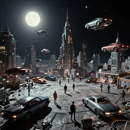 people on the futuristic dangerous square of a Russian cyberpunk slum city called Neo Norilsk on the Moon, at night, lots of flying cars, diverse, lively, black sky full of stars, blinding sun, sci-fi, lots of flying cars, levitation, cyberpunk outfits, photorealistic, grainy, 35mm, intricate, very very beautiful, elegant, smooth, cinematic, Unreal Engine 5, by Beeple, trending on Artstation HD