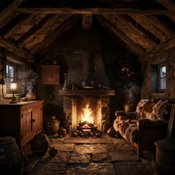a rendering of interior of a hebrides crofter's black house dwelling in scotland, 1 8 0 0 s, cozy, open peat fire in center of room, stone floor, smokey, cabinets, wooden furtniture, low low ceiling, turf roof, small windows, large hanging kettle, bloom, soft lamp light, volumetric lighting, dark, dark, dingy, old, unreal engine render