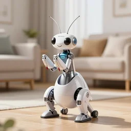promotional photo from sony of a cute rounded pet robotic praying - mantis made of plastic and metal, in a sunny living - room.