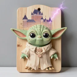 wooden'yoda ', wooden'y - wing ', wooden board, manuscript, chateau, nordic pastel colors, perfect lightning