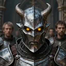 medieval giger closeup face portrait of a demonic brotherhood of steel armour with yellow glowing eyes, nicoletta ceccoli, mark ryden, lostfish, hyung tae, frank frazetta, depth of field, detailed and intricate gothic environment, 8 k resolution, hyperrealistic, octane render